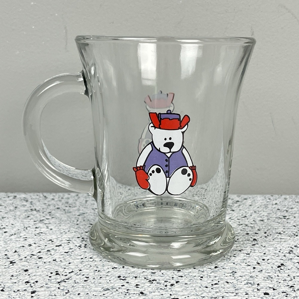 Vintage Anchor‎ Hocking Clear Glass Coffee Tea Mug Polar Bear Graphic 12 oz